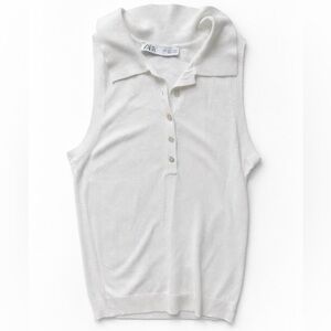 ZARA Sleeveless Knit Polo Top Cream White Button Front Minimal Chic Size S